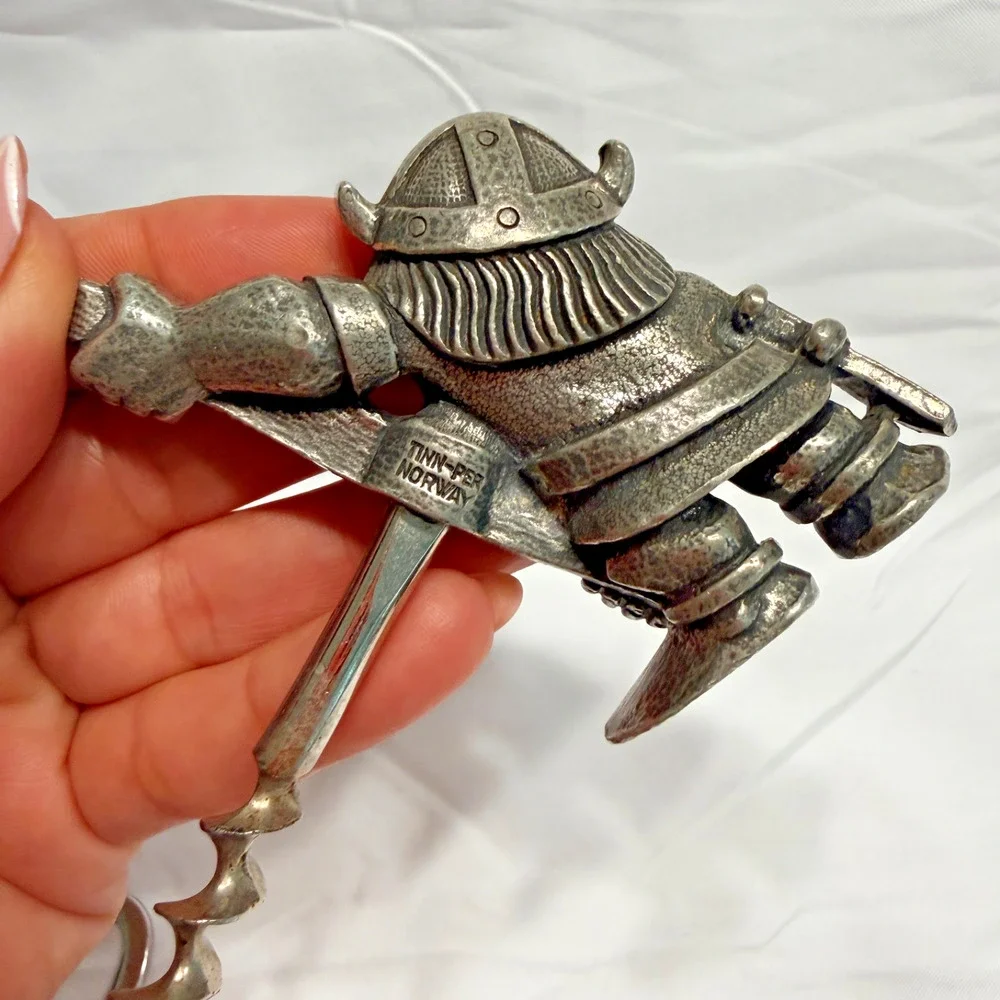 VINTAGE Collectible Tinn-Per Norway Pewter Viking Bottle Opener & Corkscrew SET